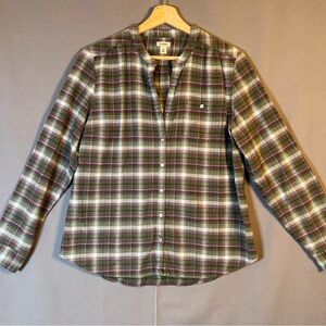 L.L. Bean Signature Collarless Button Up Flannel shirt Sz M Plaid Cotton Shirt
